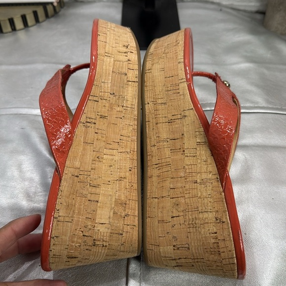 (E3) COACH GEORGINA Women's Orange Cork Wedge Sandals,Sz 9B, Embossed C- Leather - Picture 12 of 13